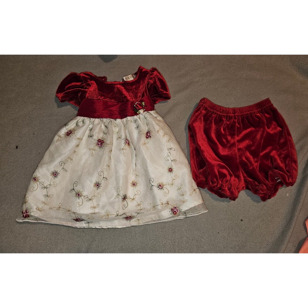 VTG GRG red and white embroidered dress set baby girl matching velvet bloomers